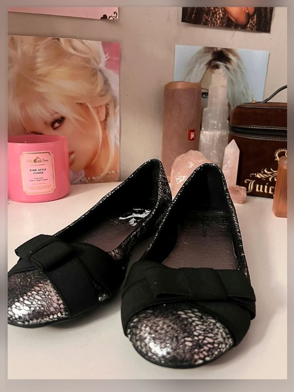 Y2k emo black metallic bow flats